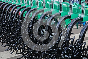 Detail of an agricultural machine on display at an agricultural fair