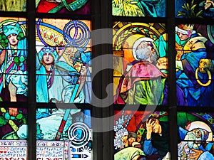 Detail of Alfons Mucha Stained Glass Prague