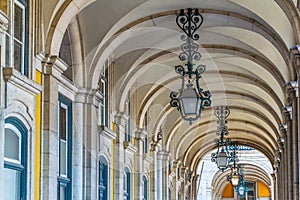 Detail of ana arcade surrounding praca do comercio in Lisbon, Portugal