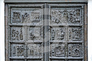 Detail of ancient bronze gates in Veliky Novgorod (Novgorod the