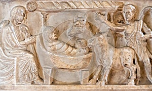 Detail of ancient sculptures carved on marble showing scene of Jesus birth