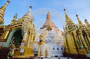 Detail of the ancient Shwedagon pagoda at twilight.