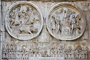 Detail of the Arch of Constantine - landmark attraction in Rome, Italy