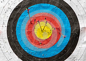 Detail of an archery target with 6 arrows inside the target