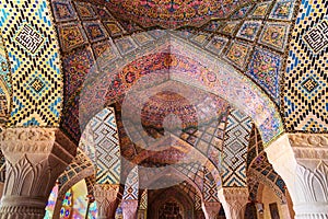 Detail of the arches in Nasir Ol-Molk mosque, also famous as Pink Mosque. Shiraz. Iran