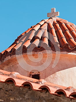 Detail of architecture church in Vathia town, Mani Greece