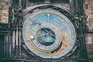 Detail of the astronomical clock in the Old Town Square in Prague, Czech Republic. Toned image