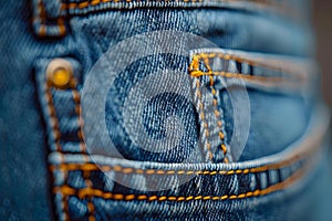 Detail of Back Pocket on Blue Denim Jeans. Concept Denim fabric, clothing details, fashion