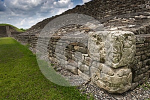 Detail of a bas-relief carving in a ballcourt at the EL Tajin archeological site, in Papantla