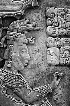 Mayan bas-relief sculpture, Palenque, Mexico in black and white.