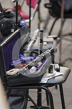 Detail of the bassoon closeup in dark colors.