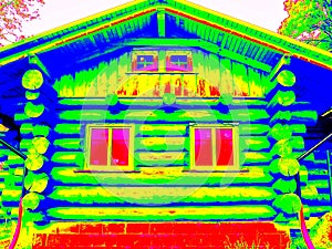 Detail of beams in cabin wall. Traditional construction of wooden house in thermography scan.