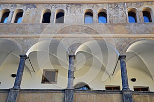 Detail of a beautiful house with a medieval balcony, Prague