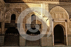 Detail of the beautiful tile mosaic decoration of the at Fez, Mo