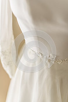 Detail of beautiful wedding dress, premiered valentines day