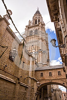 Detail of the bell tower of the Cathedral of Toledo (Primate Cathedral of Saint Mary). Toledo, Castilla La Mancha, Spain