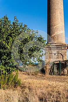 detail from below of an old industrial chimney of red brick and tree