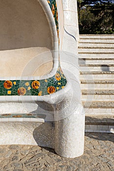 Detail of the bench in the park Guell, designed by Antonio Gaudi. Concept of travel, tourism and vacation photo