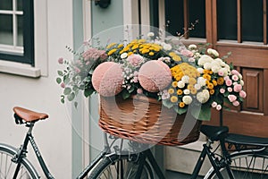Detail of a bicycle basket filled with flowers