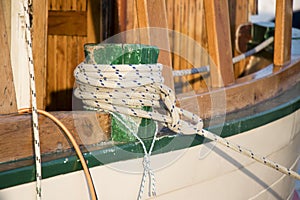 Detail of a bitt on a wooden sailing boat