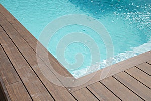 detail blue liner for swimming pool with wood