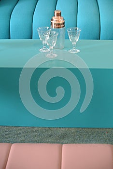 Detail of blue sofa and coffee table