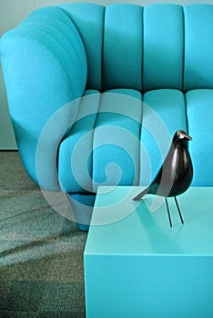 Detail of blue sofa and coffee table