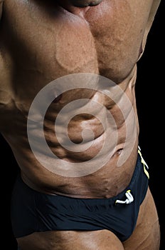 Detail of bodybuilder torso: ripped abs and pecs