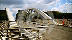 Detail of the Bridge of Music-Armando Trovajoli. pedestrian bridge in steel and reinforced concrete, with the characteristic doub