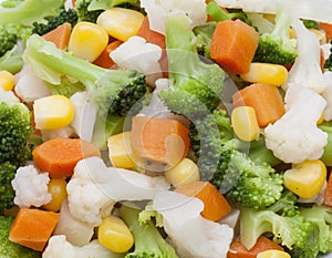 detail of broccoli, carrot, potato and corn kernels