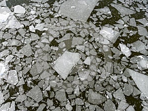Detail of broken ice floes in broken part of river and again frozen