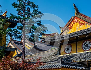 Detail of a Buddist temple in Wenzhou in China, lantern, roof and dragons - 5