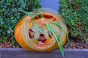 Detail of a building in the old town of Riga, Latvia Halloween pumpkin candle