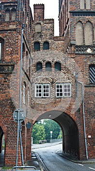 Detail of Burgtor or Burg Tor nothern Gate in a gothic style, beautiful architecture, Lubeck, Germany