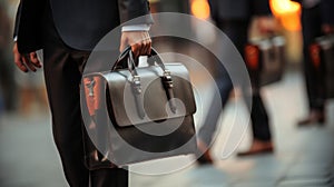 Detail of a businessman holding a leather briefcase. Wide image with large copy space