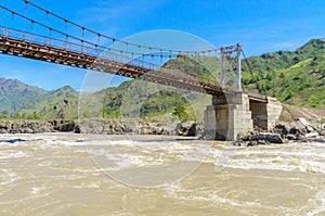 Detail of cable-stayed bridge over river Katun in Altai