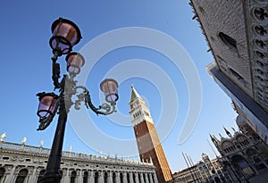 Detail of Campanile and palace doge in Venice, Italy