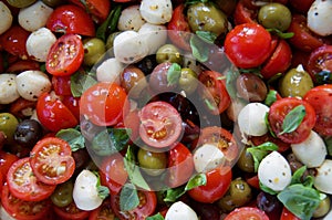 Detail of caprese salad showing cherry tomatoes, olives, and bocconcini cheese