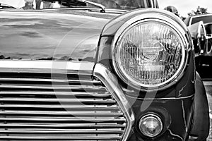 Detail of the car British Leyland Mini (black and white)