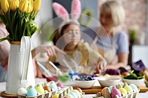 Close up of cartons of Easter eggs on the table
