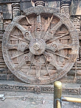 Detail of carved chariot wheel from the Konark Sun Temple, Odisha