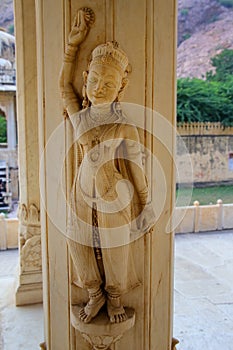 Detail of the carved pillar at Royal cenotaphs in Jaipur, Rajasthan, India
