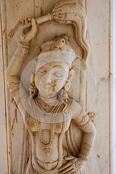 Detail of the carved pillar at Royal cenotaphs in Jaipur, Rajasthan, India