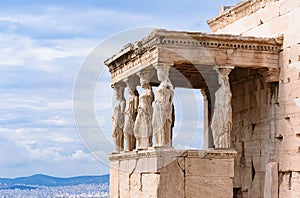 Detail of Caryatid Porch on the Acropolis in Athens, Greece. Ancient Erechtheion or Erechtheum temple. World famous