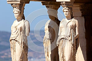Detail of Caryatid Porch on the Acropolis, Athens, Greece. Ancient Erechtheion or Erechtheum temple. World famous landmark at the