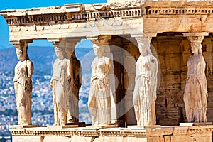 Detail of Caryatid Porch on the Acropolis, Athens, Greece. Ancient Erechtheion or Erechtheum temple. World famous landmark at the