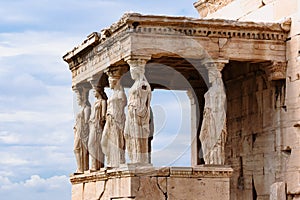 Detail of Caryatid Porch on the Acropolis in Athens, Greece. Ancient Erechtheion or Erechtheum temple. World famous landmark at