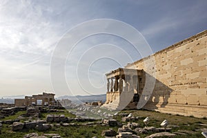 Detail of caryatids statues on the Parthenon on Acropolis Hill, Athens, Greece. Figures of the Caryatid Porch of the Erechtheion