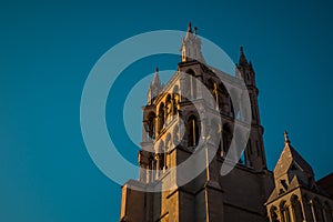 Detail of Cathedral of Lausanne on the top of the hill in early evening hours. Magnificent christian building in the centre of