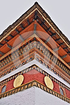 Detail of the central chorten or stupa at the Dochu La Pass, along the east-west road from Thimpu to Punakha, Bhutan